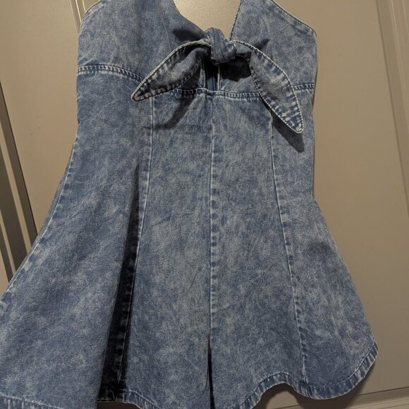 Women's Vintage Bowknot Spaghetti Strap Wide Leg Denim Romper - Picture 3 of 4